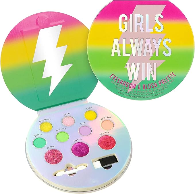 Always Win Glisten & Glitter Makeup Palette 10 Color Eyeshadow Palette & Blush Makeup Novelty Beauty Set, Fold Out Compact with Mirror, Washable, Non-Toxic