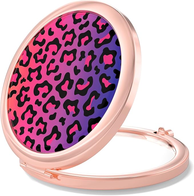 Nipichsha Compact Mirror, Pocket Travel Makeup Mirror, 2 - Sided 2X / 1X Magnification, Small Folding Portable Handheld, 2.75 in Rose Gold, Colorful Leopard Print