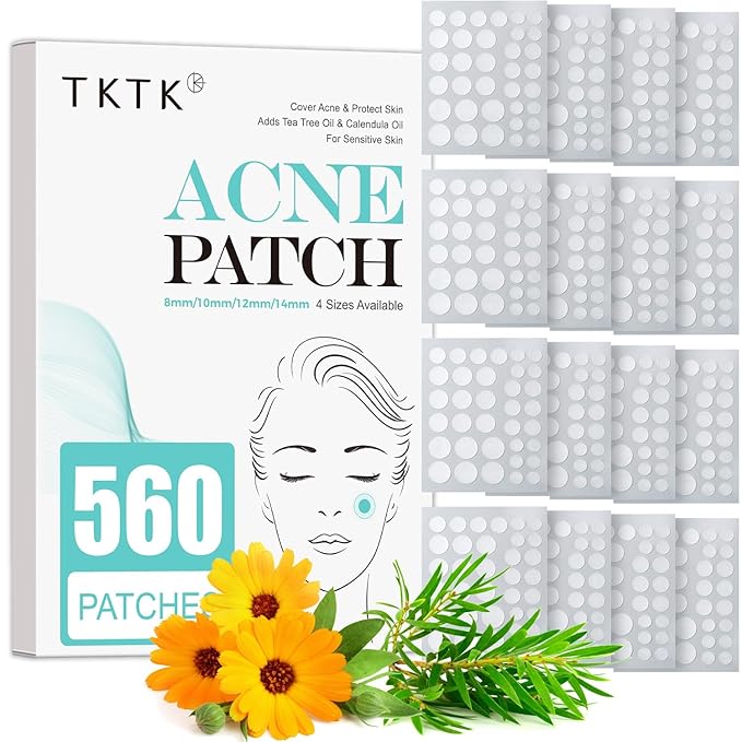 TKTK Pimple Patch Acne Patch, 4 Sizes 560 Patches Acne Absorbing Cover Patch, Hydrocolloid Invisible Acne Patches For Face Zit Patch Acne Dots Tea Tree, Calendula Oil - 4 Pack