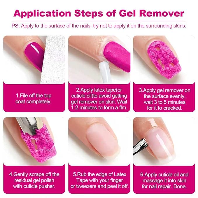 Gel Nail Polish Remover Kit - 15ML(0.5fl.oz) Fast Gel Remover with Latex Tape Peel Off Liquid and Manicure Tools, No Soaking or Wrapping Needed, Easy Removal for Gel Nails