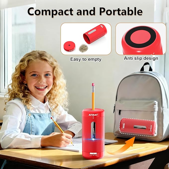 AFMAT Electric Pencil Sharpener, Fully Automatic Pencil Sharpener, Auto in & Out, Rechargeable Hands-Free Sharpeners for Jumbo & Colored Pencils (6.5-12mm), Portable for Home/Classroom/Office PSC2