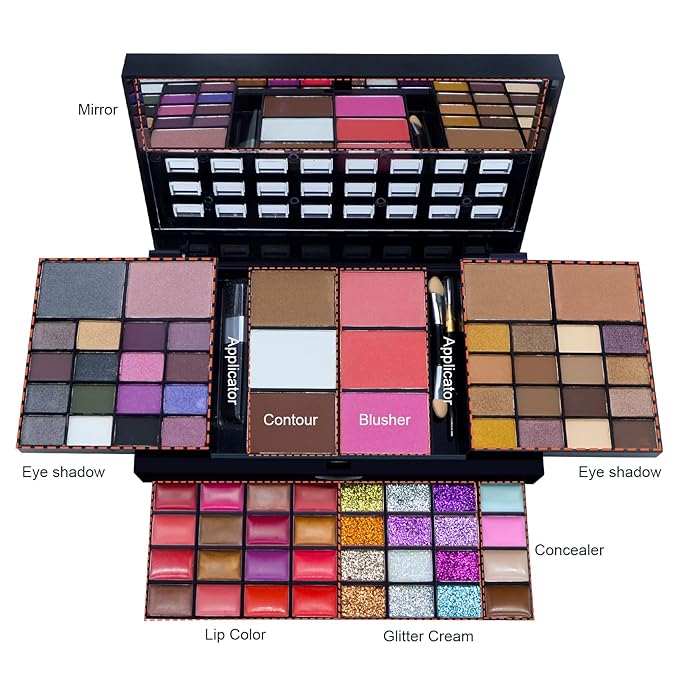 Makeup Kit For Women Full Kit - 74 colors makeup sets - 36 Eyeshadow, 28 Lip Gloss, 3 Contour Powder, 3 Brushes, 3 Blusher, 4 Concealer, 1 Mirror, three-dimensional pull type Combination Palette