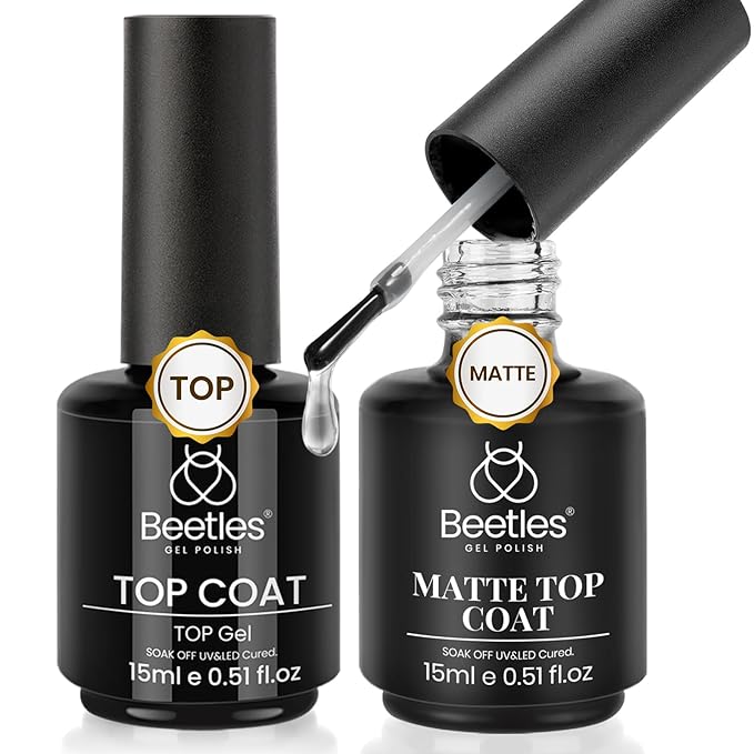 Beetles Matte Top Coat 2 Pcs 15ml No Wipe Gel Glossy Nail Polish Shine Effect Long Lasting Soak Off UV LED Nail Lamp