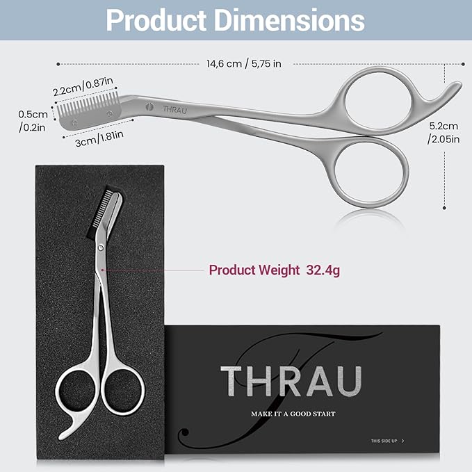 THRAU Eyebrow Scissors with Comb, Stainless Steel Precision Eyebrow Trimmer for Women, Safety Guard for Beginners, Sharp Blades, 2-in-1 Mini Scissors and Grooming Kit for Home or Travel