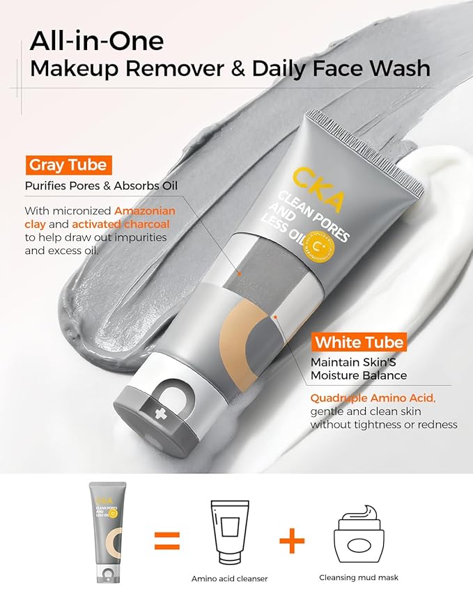 CKA Deep Pore Cleanser, Facial Foam Cleanser Oil Control Makeup Remover 2 in 1 Dual-Chamber, Minimizes Blackhead with Amino Acid, Daily Face Wash for Oily/Sensitive Skin 2 Pack