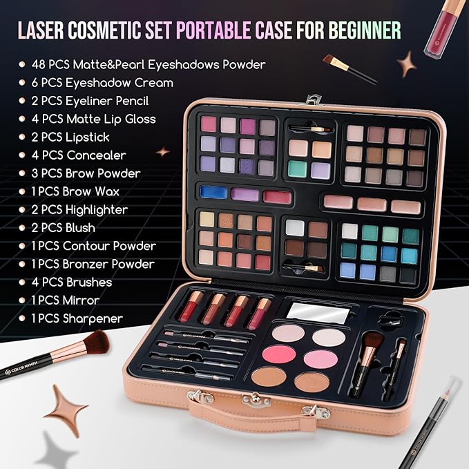 Multipurpose Makeup Kits for Teens Girls, Travel Makeup Set Non-toxic, Makeup Gift for Women Teen, Eyeshadows Blushes Bronzer Highlighter Concealer Lipgloss Eyeliner Lipliner Brushes Gold Case