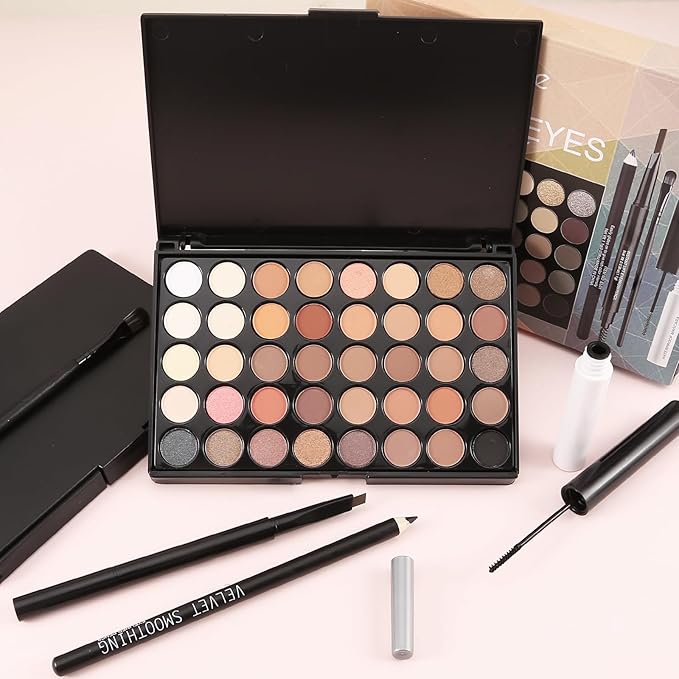 All In On Makeup Eye Set Cosmetics Kit for Teens and Adults, Includes Eyeshadow, Make Up Brushes, Mascara, Eyebrow Pencil, Eyeliner