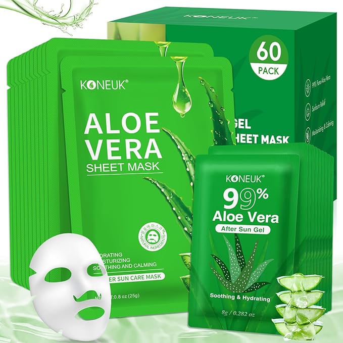 30 Pack Aloe Vera Gel and 30 Pack Face Masks Skincare, Aloe Vera Gel and Facial Mask for Face, Hair, Body, Skin, Bulk Travel Size Aloe Gel and Mask for Sunburn Relief