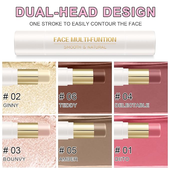 6 Colors Cream Contour Stick Makeup Kit, Shades with Highlighter Stick, Blush Stick and Double-End Bronzer Stick for Sculpt the Cheeks, Waterproof,Dewy & Matte Finish for Beginners