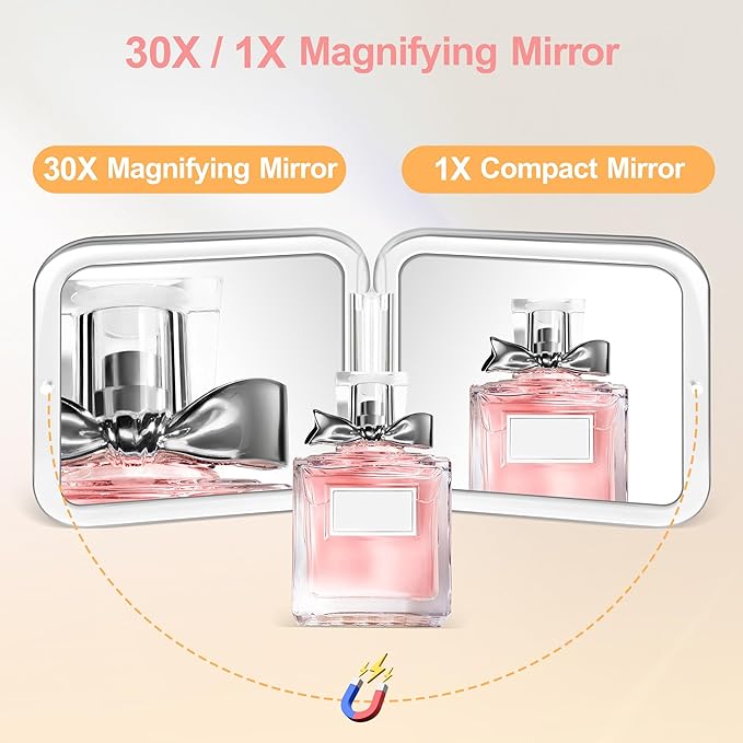 MIYADIVA Compact Mirror, 30X Magnifying Mirror, Pocket Mirror for Purse, Travel Makeup Mirror with 30X/1X Magnification, Travel Essentials Mirrors, Precision Tweezers, Present for Girls