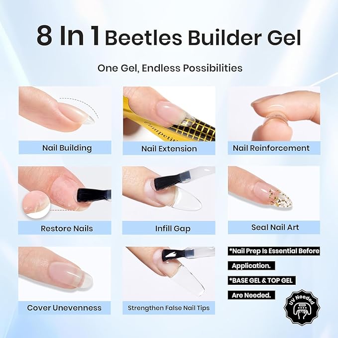 Beetles Builder Gel & Gel Base and Top Coat, 3Pcs 7.5ml Building Gel for Nails Set Shine Finish and Long Lasting, Soak Off LED Transparent Nail Strengthener Hard for Beginners DIY