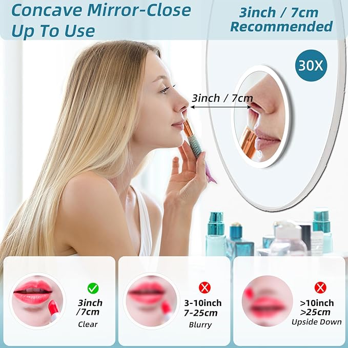 30x Magnifying Mirror with Light, 3 Color Modes, Dimmable, Rechargeable, 6" Viewing Area, 3 Suction Cups, Travel Makeup Mirror, High Magnification, Includes Tweezers & Scissors