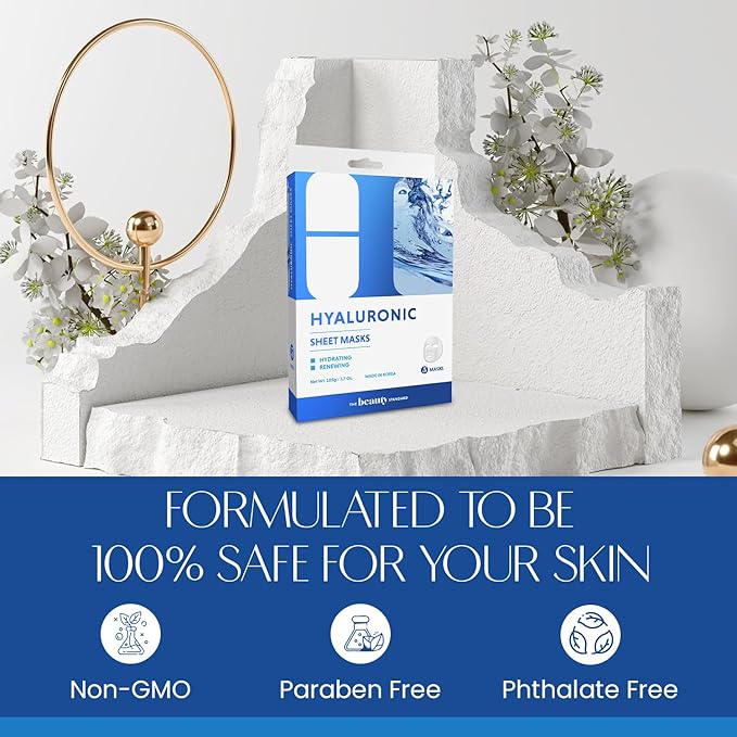 Hyaluronic Acid Sheet Face Mask - Skin Firming, Anti-Aging, Moisturizes & Plumps Skin - Dermatologist Tested, Cruelty-Free Korean Skin Care for All Skin Types - 5 Masks (2 Pack)