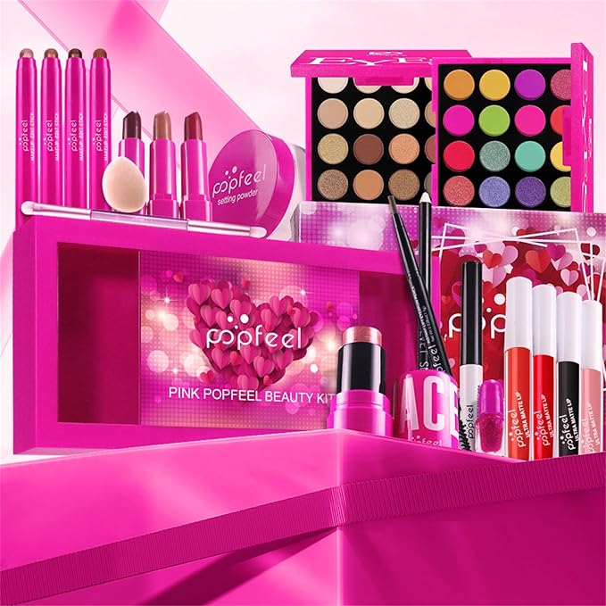 All in One Makeup Kit for Women Full Kit, Christmas Day Gifts Set for Women Girls, Hot Pink Makeup Essential Bundle Include Eyeshadow Palette Lipstick Blush Foundation Concealer Mascara Eyebrow Pencil