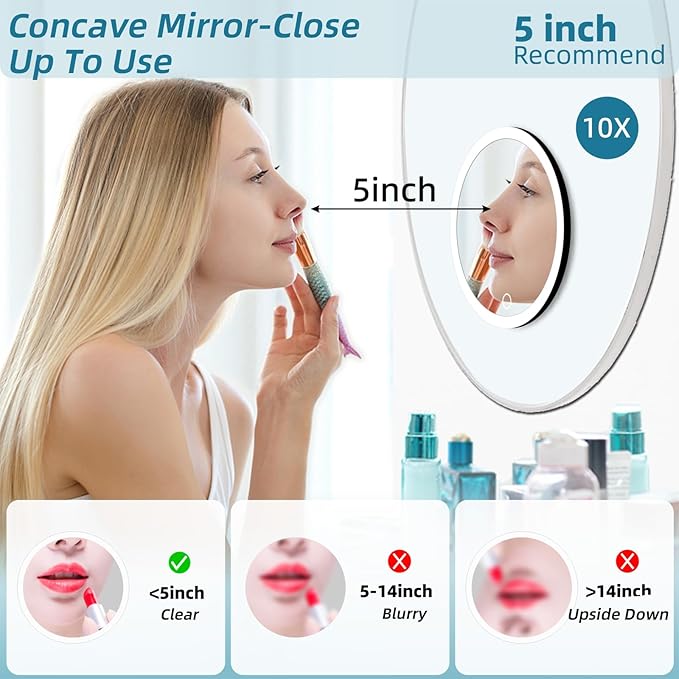 10x Magnifying Mirror with Light, 3 Color Modes Dimming 6'' Lighted 10x Magnified Mirror with 3 Suction Cups, Travel Magnifying Mirror 10x, High Magnification Makeup Mirror with Tweezers & Scissors