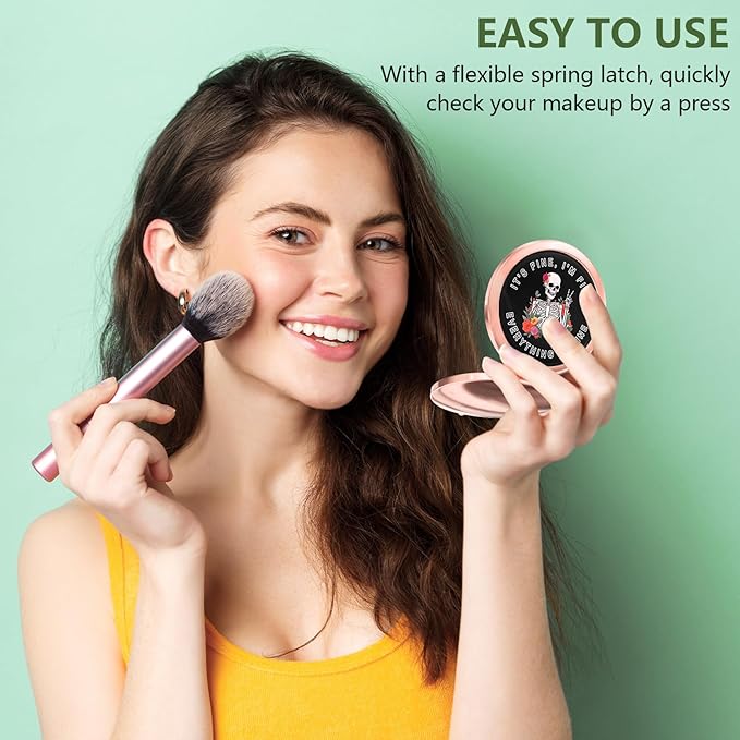 Nipichsha Compact Mirror, Pocket Travel Makeup Mirror, 2 - Sided 2X / 1X Magnification, Small Folding Portable Handheld, 2.75 in Rose Gold, Flower Skull
