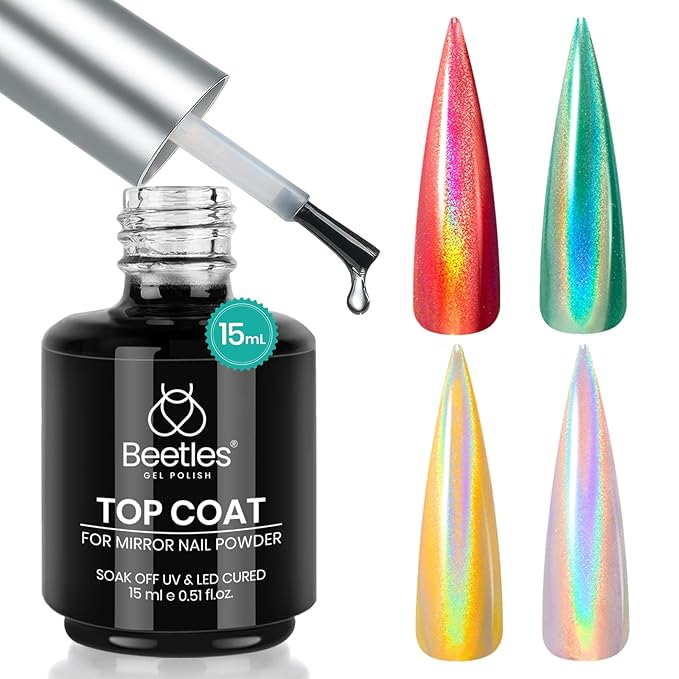 Beetles Gel Top Coat for Chrome Nail Powder: 15ml Mirror Shiny Chrome No Wipe Gloss Top coat Long Lasting Soak Off Nail Lamp for Nail Art Creation
