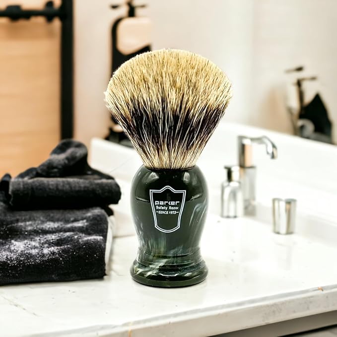 Parker King Size Pure Badger Bristle Shaving Brush – Brush Stand Included - Overszied 24mm 3-Band-Badger Brush Knot - Generates a Giant Lather