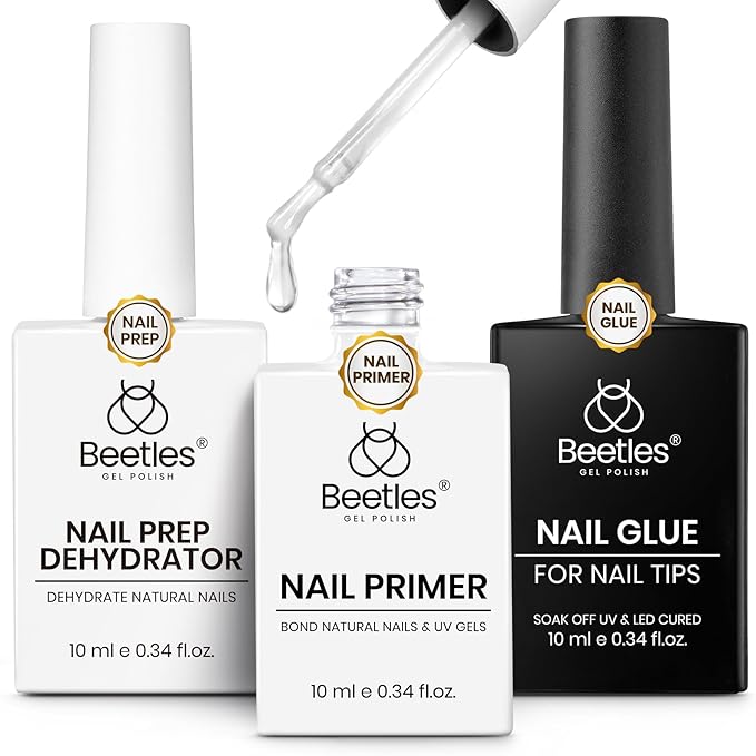 Beetles 3Pcs Gel Nail Glue Nail Dehydrator and Primer, Professional Nail Prep Acid-Free Hema-Free Dehydrate Bond Primer 9 in 1 Gel Glue Kit for Press On Nails Nail Tips Nail Extension Gifts for Women