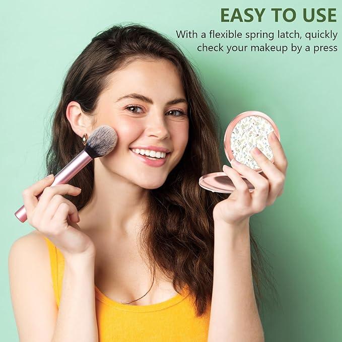Nipichsha Compact Mirror, Pocket Travel Makeup Mirror, 2 - Sided 2X / 1X Magnification, Small Folding Portable Handheld, 2.75 in Rose Gold, Colorful Flowers