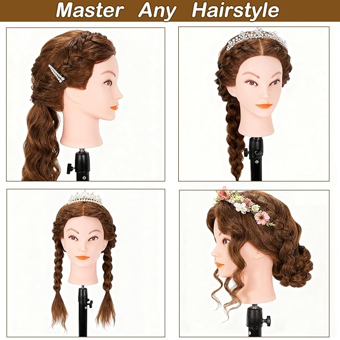 Mannequin Head with 100% Real Human Hair, Beauty Star Manikin Doll Head for Hair Styling, Cosmetology Hairdressing Training Practice Head with Clamp Stand and Braiding Accessories Kit (18" Dark Brown)
