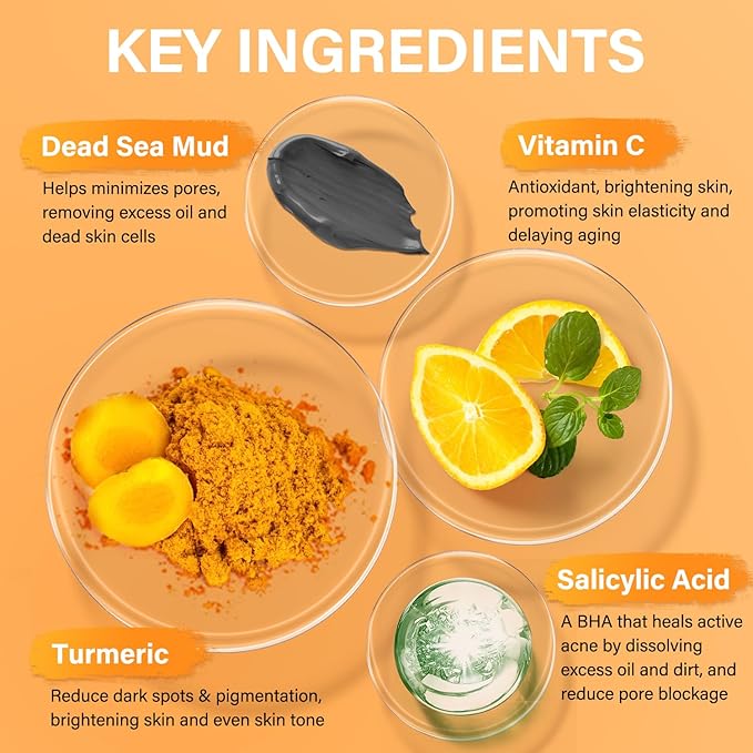 Facial Clay Mask Set - Vitamin C Turmeric Face Mask, Dead Sea Mud & Salicylic Acid (BHA) Mask for Pores Cleansing, Blackheads, Dark Spots, Brightening, Face Masks Skincare Gift for Women, 2.82 oz each