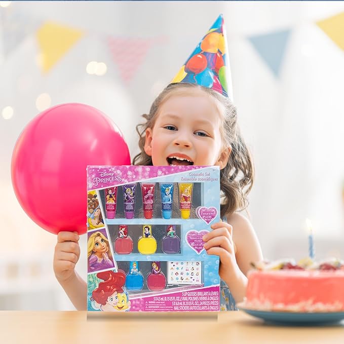 Disney Princess Sparkly Cosmetic Makeup Set for Girls with Lip Gloss Nail Polish Nail Stickers 11 Pcs Perfect for Parties Sleepovers Makeovers Birthday Gift by Townley Girl