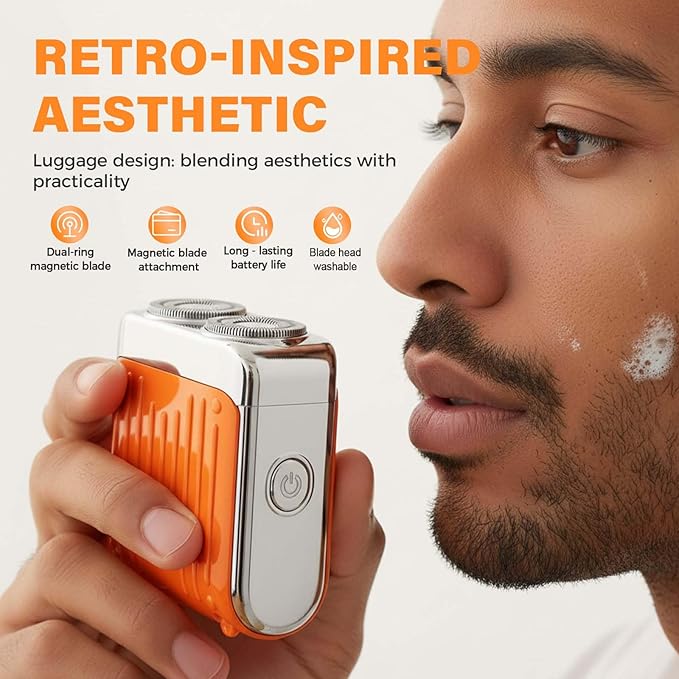 2026 New Mini Electric Shaver, Portable Rotary Dual Ring Electric Shaver, Waterproof Rechargeable Razor Mini Wet Dry Shaving Razor for Travel Home Use (Orange)