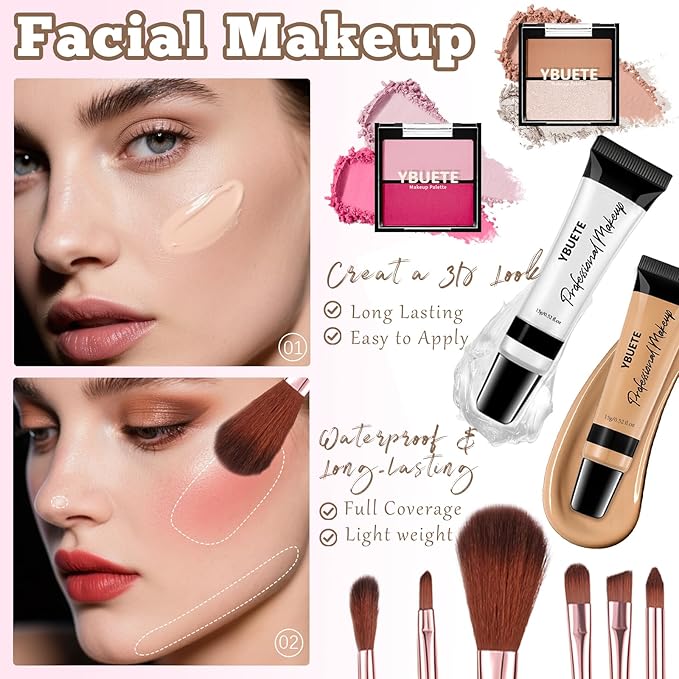 Makeup Full Kit for Beginners Girls Women, Travel Makeup Set Present for Her,Cosmetic Set Include Eyeshadow Blush Lip Gloss Peel Off Lip Stain Eyeliner Mascara Eyebrow Pencil Cosmetic Bag