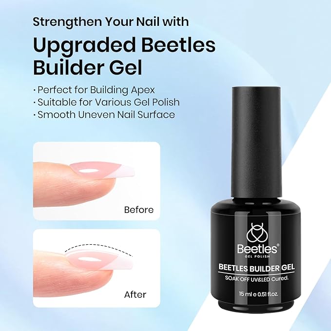 Beetles Builder Gel and Extra Glossy Top Coat No Wipe for Nails with Nail Brush, 15ml Low Heat Hypoallergenic Clear 7 in 1 Builder High Shine Long Lasting Top Coat Gel Nail Polish