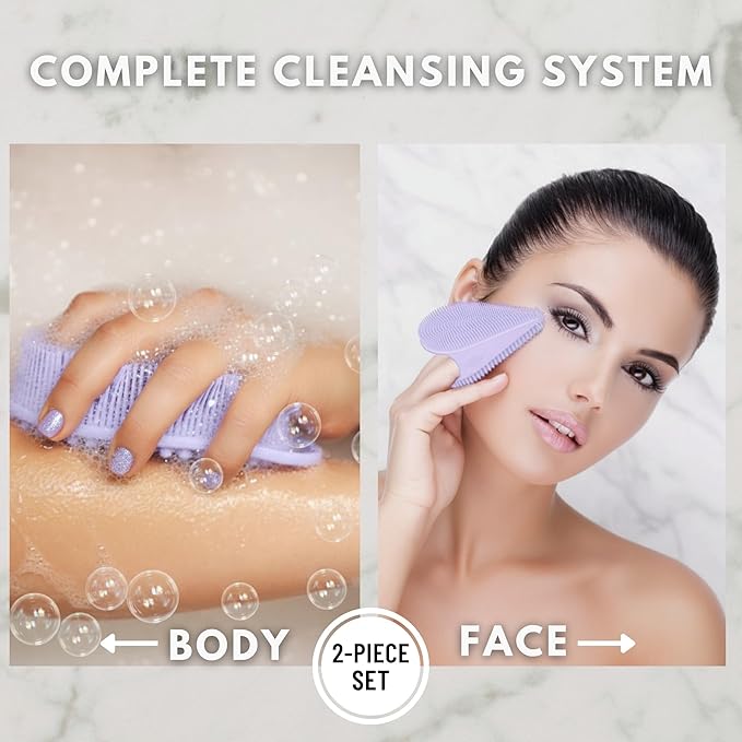 Body Face Scrubber Set Silicone - 2 Pack Shower Brush Facial Cleansing Kit - Avilana Bath Loofah Alternative Complete Skincare System Dual Sided - Gift Set Women Men