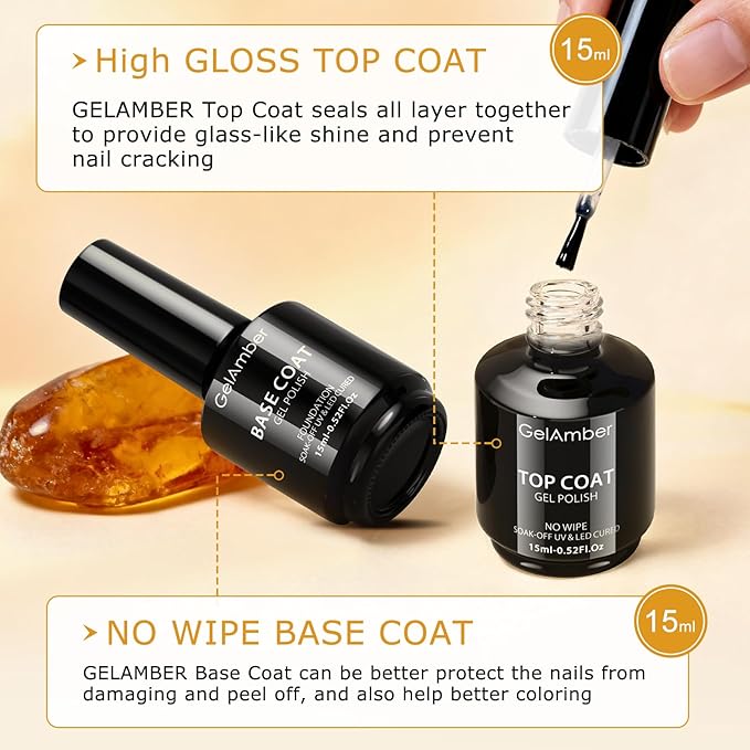2Pcs 15ml Gel Top Coat and Gel Base Coat, No Wipe Top and Base Gel Polish Kit, High Glossy Shine Long Lasting Soak Off Nail Art for Home DIY and Professional Manicure Gift