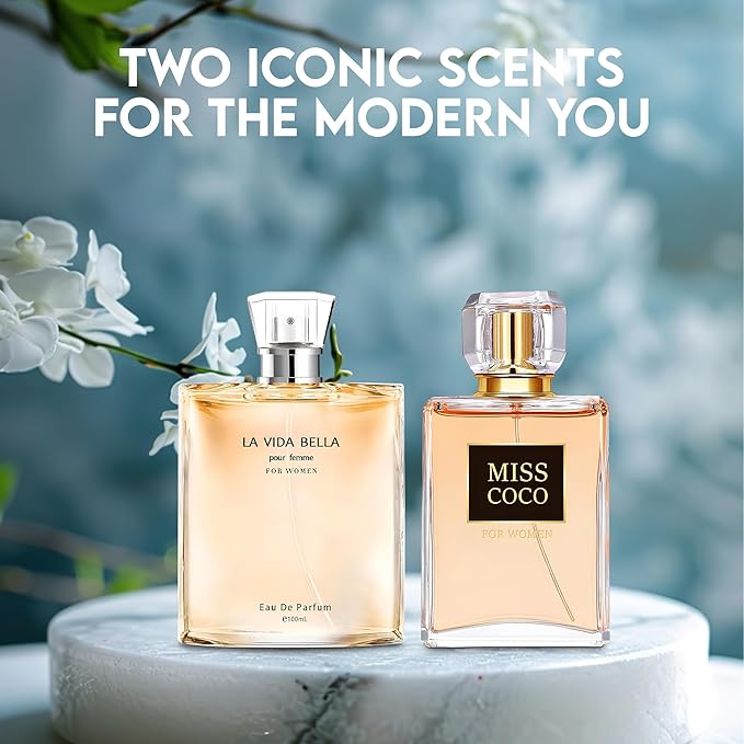 Women Perfume 2PCS Combo La Vida Bella&Miss Coco Nice Scent Eau De Parfum Long Lasting Fragrance 3.4 Fl Oz Spray Each for Daily Used