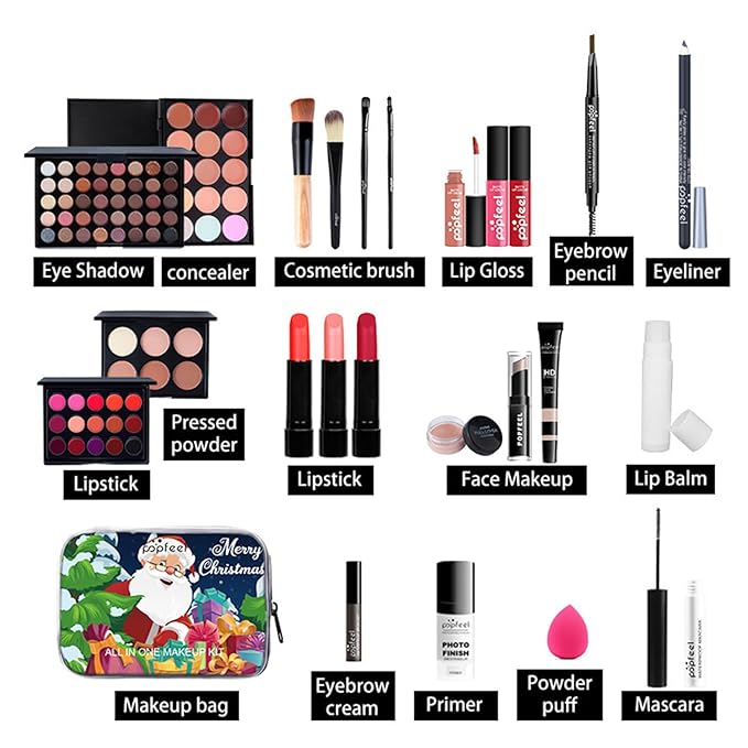 All in One Makeup Kit for Women Full Kit, Christmas Day Gifts for Women Girls, Essential Bundle With Eyeshadow Palette, Brush, Lipstick, Blush, Foundation, Concealer, Mascara, Eyebrow Pencil
