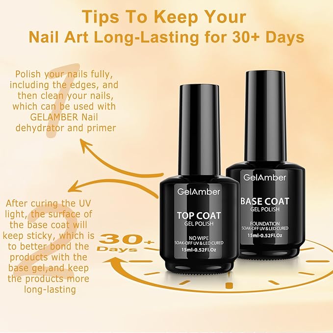 2Pcs 15ml Gel Top Coat and Gel Base Coat, No Wipe Top and Base Gel Polish Kit, High Glossy Shine Long Lasting Soak Off Nail Art for Home DIY and Professional Manicure Gift