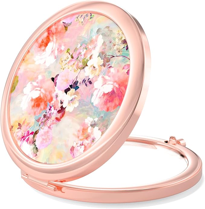 Nipichsha Compact Mirror, Pocket Travel Makeup Mirror, 2 - Sided 2X / 1X Magnification, Small Folding Portable Handheld, 2.75 in Rose Gold, Watercolor Flowers