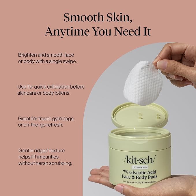 Kitsch Gentle Exfoliating Glycolic Acid Pads for Skin Care with Witch Hazel, Cica & Allantoin – Pre-Soaked Cotton Pads for Face & Body with Tweezers for Smooth, Radiant Skin – 50 count