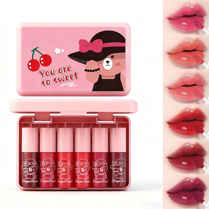6 Colors Lip Tint Stain Set,Lip Gloss for Women,bright moisturizing lip gloss,Velvet Watery Lip Stain Moisturizing Mini Liquid Lipstick,Long lasting Non-Stick Cup, Multi-use Lip and Cheek Tint(Set a)