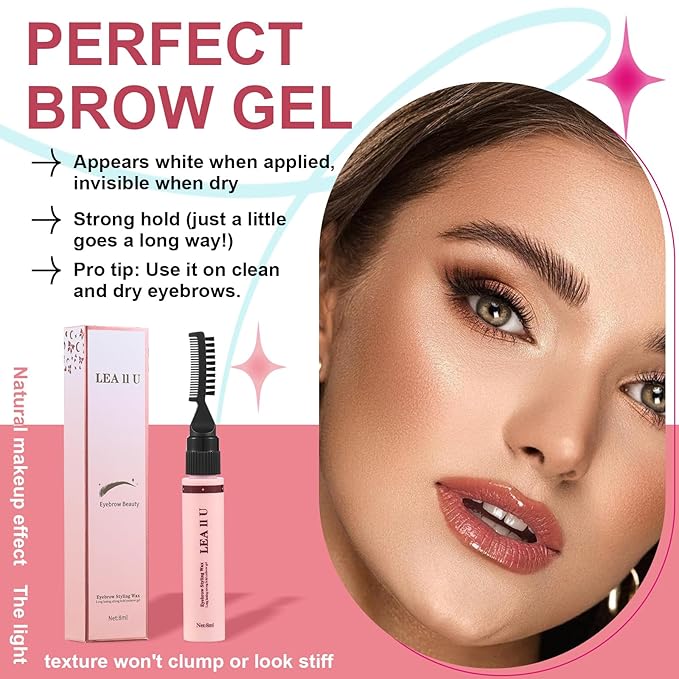 LEA II U Eyebrow Gel Clear Wax, Long-Lasting Invisible Formula, 8ml, 3-in-1 Eyebrow Styling Gel, Value Clear Formula with Spiral Brush, Professional Brow Shaping and Setting
