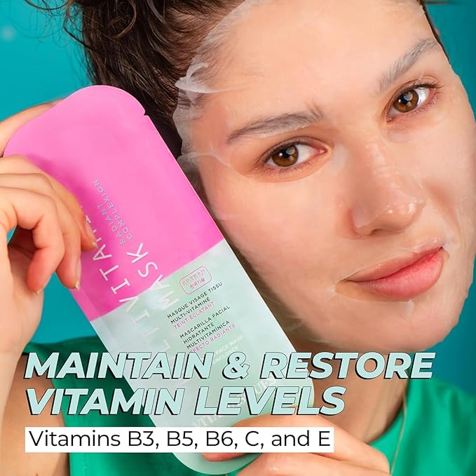 Vitamasques Multivitamin Face Mask, 8-Pack - Hydrating and Nourishing Korean Skincare for Radiant Skin, Provides Vitamins B, C & E