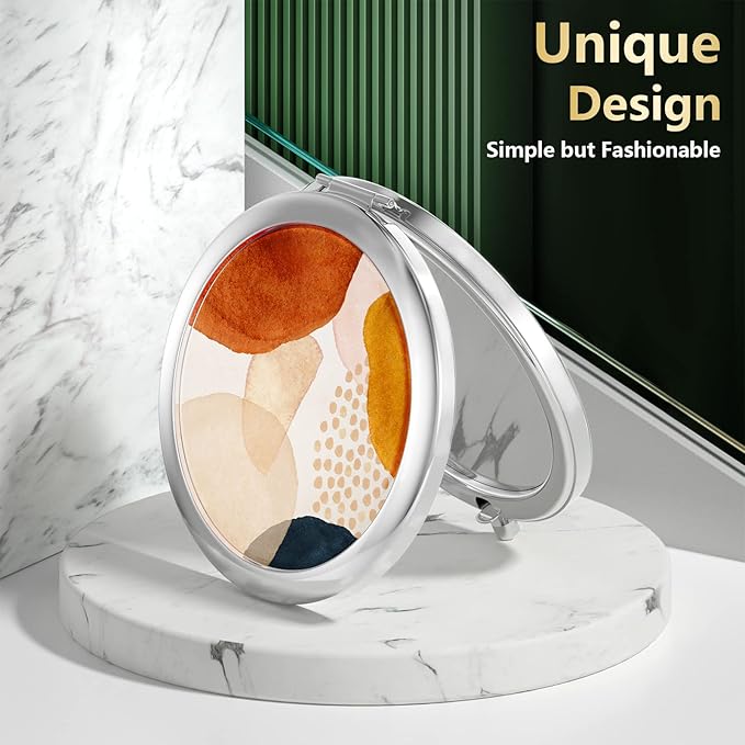 Nipichsha Compact Mirror, Pocket Travel Makeup Mirror, 2 - Sided 2X / 1X Magnification, Small Folding Portable Handhelds, 2.75 in Silver, Simple Abstract Art