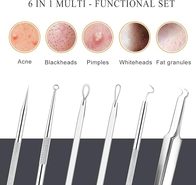 Pimple Popper Tool Kit - 6 Pcs Blackhead Remover Comedone Extractor Tool Kit with Metal Case for Quick and Easy Removal of Pimples, Blackheads, Zit Removing, Forehead, Facial and Nose(Silver)