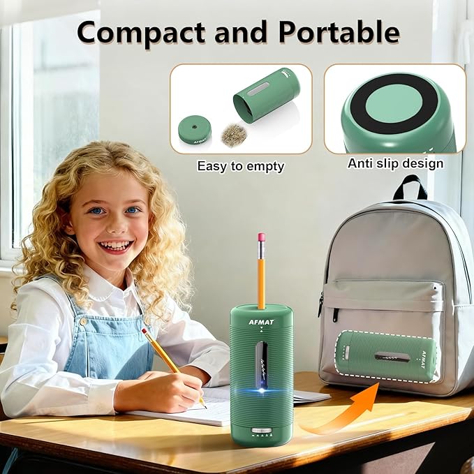 AFMAT Electric Pencil Sharpener, Fully Automatic Pencil Sharpener, Auto in & Out, Rechargeable Hands-Free Sharpeners for Jumbo & Colored Pencils (6.5-12mm), Portable for Home/Classroom/Office PSC2