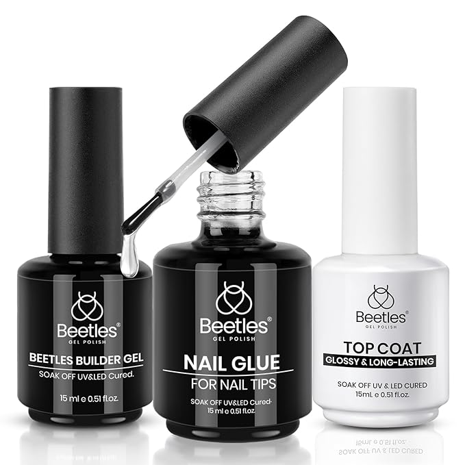 Beetles Gel Nail Glue Kit, 15ml Nail Glue Builder & Extra Glossy Top Coat Gel Nail Polish 3 Pcs Soak Off UV Kit for Long-Lasting Shine, Manicure Nail Art Design Diy at Home Gifts for Women
