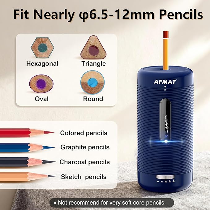 AFMAT Electric Pencil Sharpener, Fully Automatic Pencil Sharpener, Auto in & Out, Rechargeable Hands-Free Sharpeners for Jumbo & Colored Pencils (6.5-12mm), Portable for Home/Classroom/Office PSC2