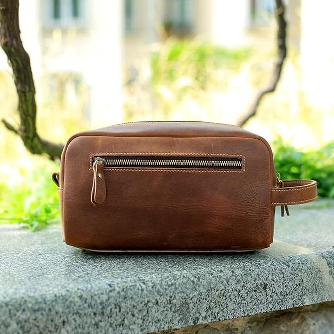 Toiletry Bag for Men or Women, Full Grain Leather Handcrafted Dopp Kit, Vintage Travel Leather Toiletry Travel Pouch, Large Cosmetic Bathroom Travel Shaving Bag, Fully Lined with Cotton Fabric