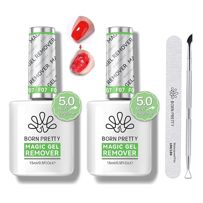 Born Pretty Gel Nail Polish Remover - 2Pcs Gel Polish Remover for Nails with Cuticle Pusher, Quick & Easy Gel Nail Polish Removal in 3-5 Minutes, No Need Soaking or Wrapping