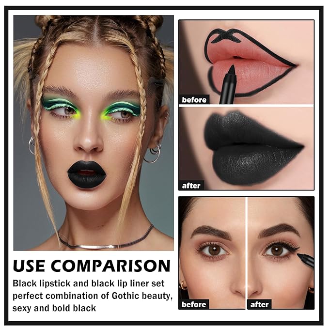 Black Lipstick Halloween Black Lip Liner Lip Kit,Matte Black Lipstick Long Lasting Smudge Proof,Velvet Black Lip Gloss Lip Stain,Non Stick Cup Black Liquid Lip Stick and Lip Pencil for Women