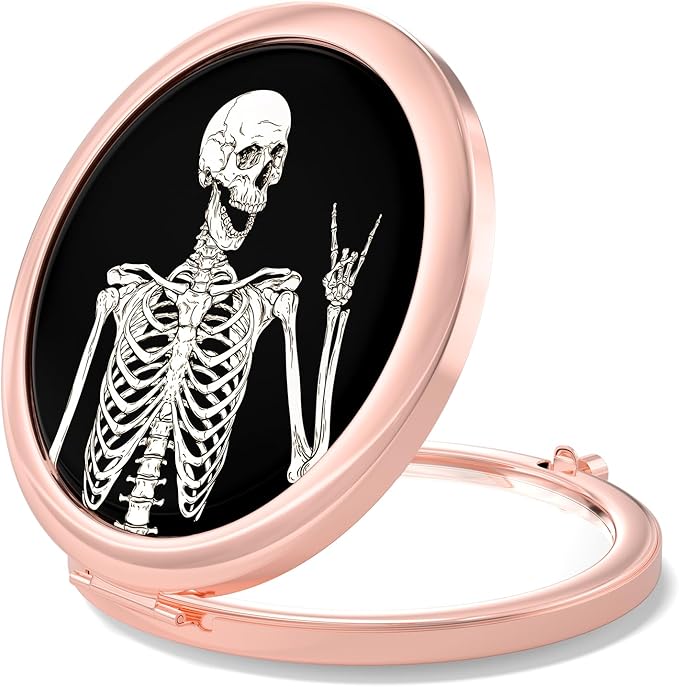 Nipichsha Compact Mirror, Pocket Travel Makeup Mirror, 2 - Sided 2X / 1X Magnification, Small Folding Portable Handheld, 2.75 in Rose Gold, Skeleton