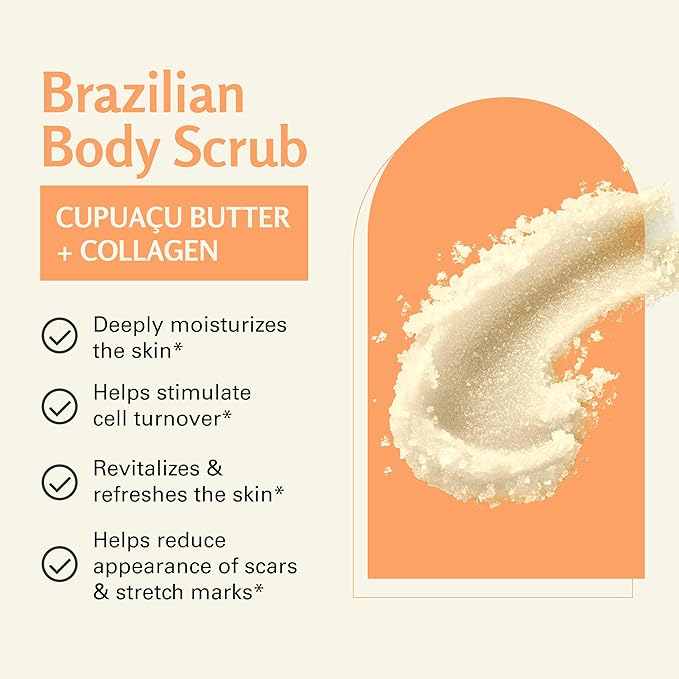 Firming & Moisturizing Brazilian Body Scrub for Body, Hands & Feet, Gentle Body Exfoliator with Cupuacu Butter, Jojoba Oil & Collagen, 16 oz (453 g) by M3 Naturals